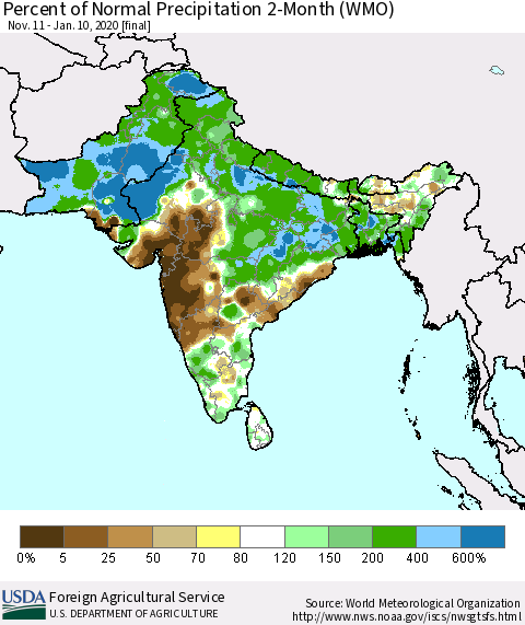 Southern Asia Percent of Normal Precipitation 2-Month (WMO) Thematic Map For 11/11/2019 - 1/10/2020