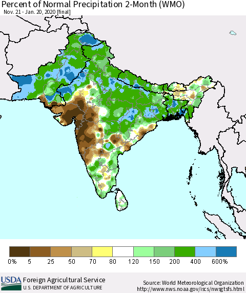 Southern Asia Percent of Normal Precipitation 2-Month (WMO) Thematic Map For 11/21/2019 - 1/20/2020