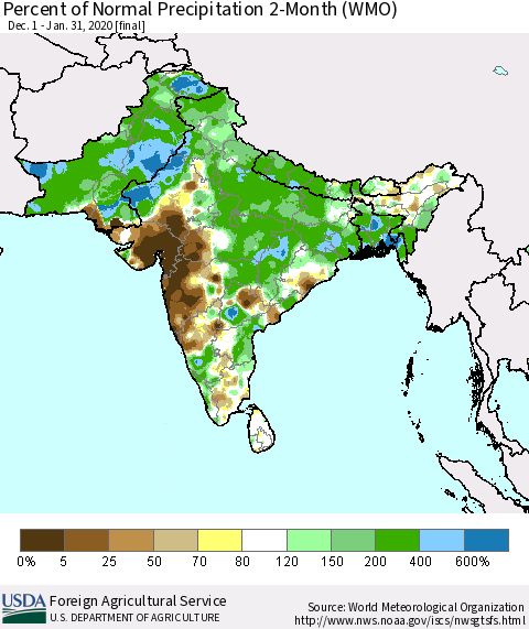 Southern Asia Percent of Normal Precipitation 2-Month (WMO) Thematic Map For 12/1/2019 - 1/31/2020