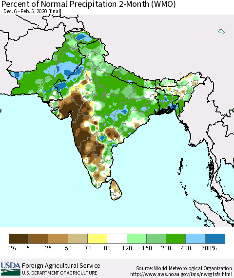Southern Asia Percent of Normal Precipitation 2-Month (WMO) Thematic Map For 12/6/2019 - 2/5/2020