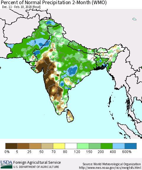 Southern Asia Percent of Normal Precipitation 2-Month (WMO) Thematic Map For 12/11/2019 - 2/10/2020