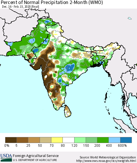 Southern Asia Percent of Normal Precipitation 2-Month (WMO) Thematic Map For 12/16/2019 - 2/15/2020