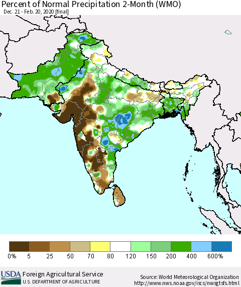 Southern Asia Percent of Normal Precipitation 2-Month (WMO) Thematic Map For 12/21/2019 - 2/20/2020