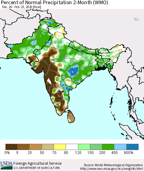 Southern Asia Percent of Normal Precipitation 2-Month (WMO) Thematic Map For 12/26/2019 - 2/25/2020
