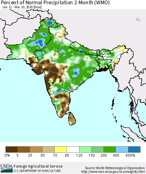 Southern Asia Percent of Normal Precipitation 2-Month (WMO) Thematic Map For 1/11/2020 - 3/10/2020