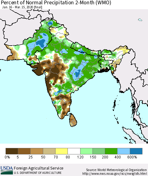 Southern Asia Percent of Normal Precipitation 2-Month (WMO) Thematic Map For 1/16/2020 - 3/15/2020