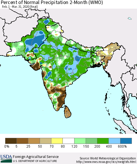 Southern Asia Percent of Normal Precipitation 2-Month (WMO) Thematic Map For 2/1/2020 - 3/31/2020