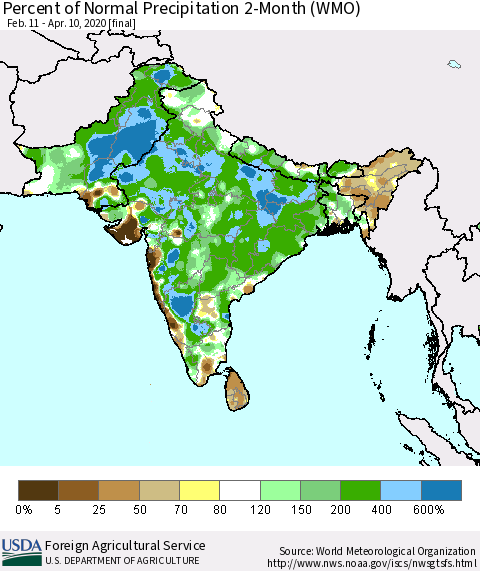 Southern Asia Percent of Normal Precipitation 2-Month (WMO) Thematic Map For 2/11/2020 - 4/10/2020