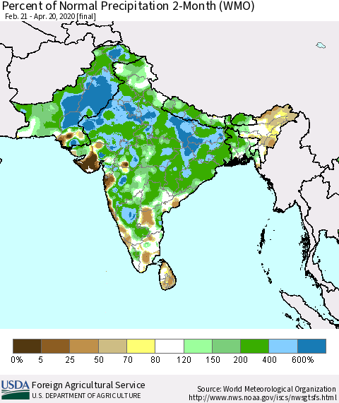 Southern Asia Percent of Normal Precipitation 2-Month (WMO) Thematic Map For 2/21/2020 - 4/20/2020