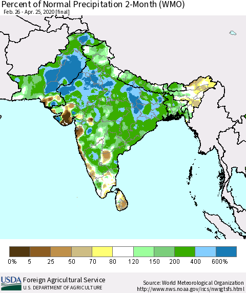 Southern Asia Percent of Normal Precipitation 2-Month (WMO) Thematic Map For 2/26/2020 - 4/25/2020