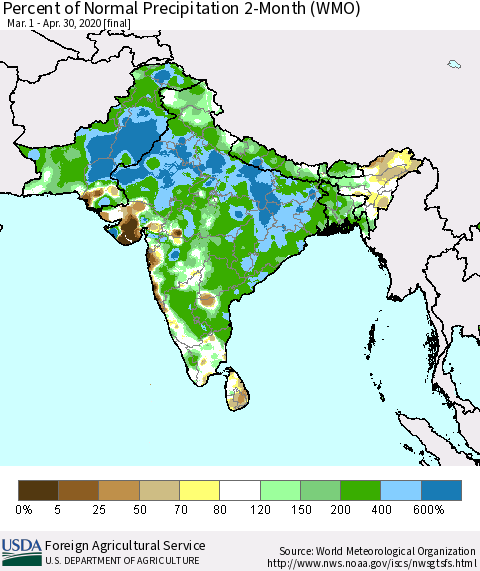 Southern Asia Percent of Normal Precipitation 2-Month (WMO) Thematic Map For 3/1/2020 - 4/30/2020