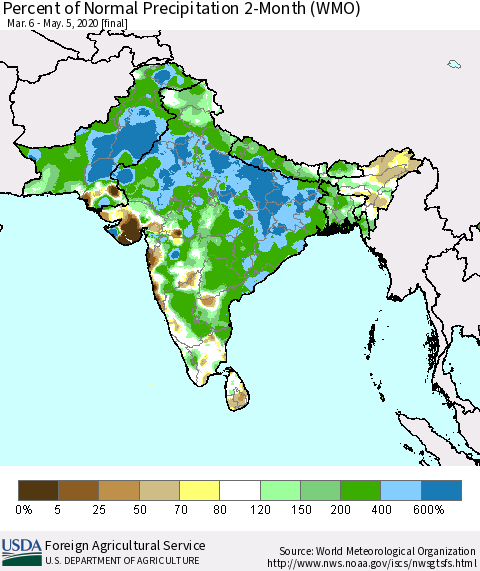 Southern Asia Percent of Normal Precipitation 2-Month (WMO) Thematic Map For 3/6/2020 - 5/5/2020