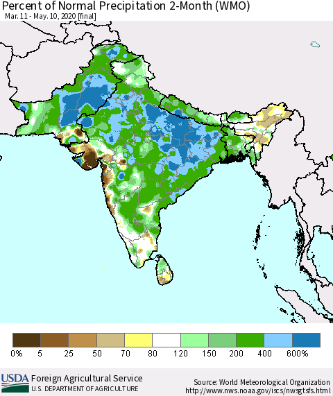 Southern Asia Percent of Normal Precipitation 2-Month (WMO) Thematic Map For 3/11/2020 - 5/10/2020