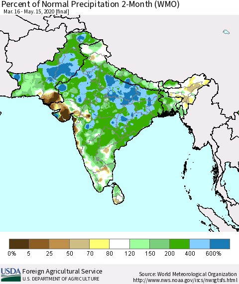 Southern Asia Percent of Normal Precipitation 2-Month (WMO) Thematic Map For 3/16/2020 - 5/15/2020