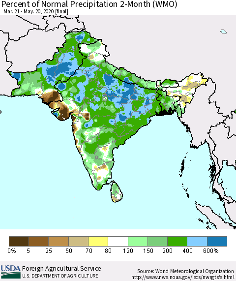 Southern Asia Percent of Normal Precipitation 2-Month (WMO) Thematic Map For 3/21/2020 - 5/20/2020