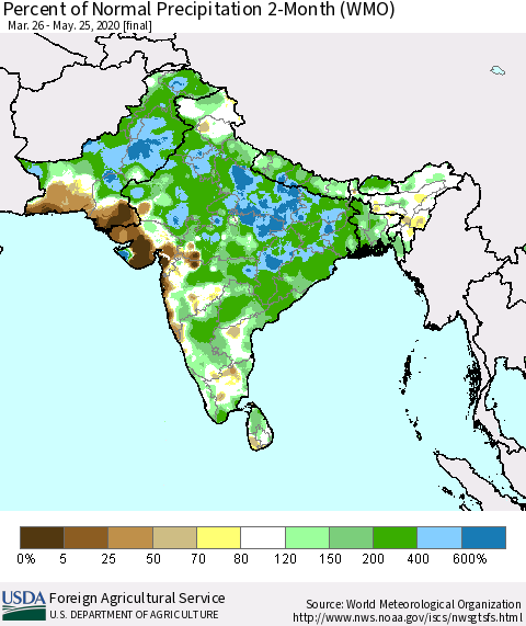 Southern Asia Percent of Normal Precipitation 2-Month (WMO) Thematic Map For 3/26/2020 - 5/25/2020