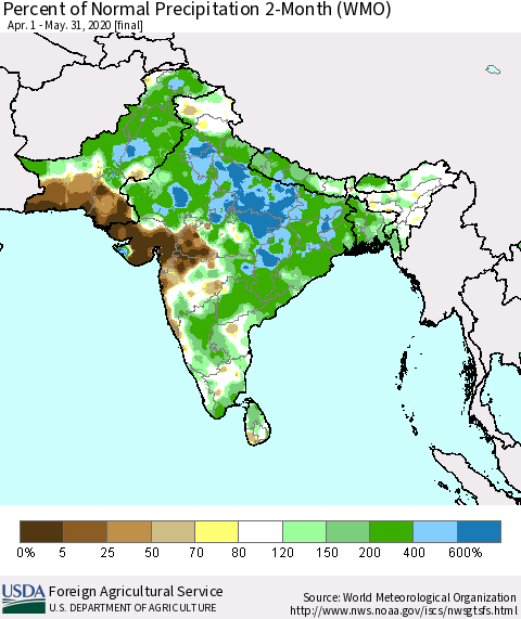 Southern Asia Percent of Normal Precipitation 2-Month (WMO) Thematic Map For 4/1/2020 - 5/31/2020