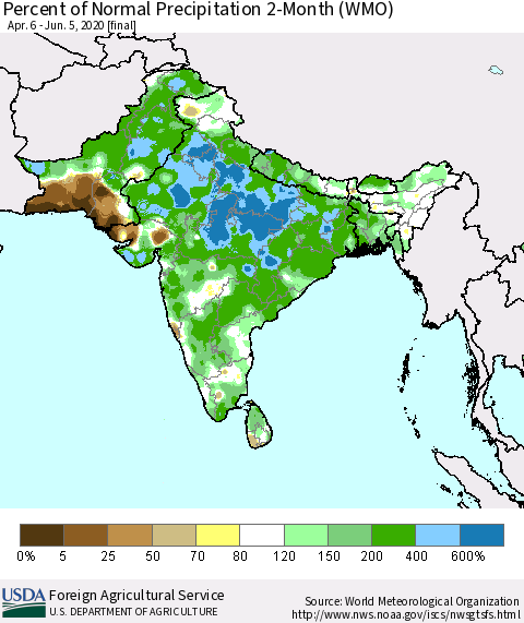 Southern Asia Percent of Normal Precipitation 2-Month (WMO) Thematic Map For 4/6/2020 - 6/5/2020
