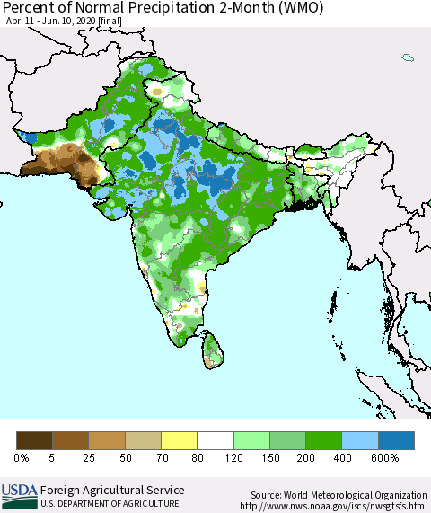 Southern Asia Percent of Normal Precipitation 2-Month (WMO) Thematic Map For 4/11/2020 - 6/10/2020