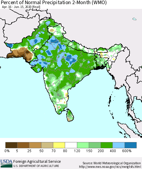 Southern Asia Percent of Normal Precipitation 2-Month (WMO) Thematic Map For 4/16/2020 - 6/15/2020