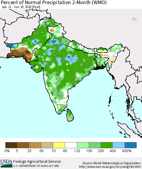 Southern Asia Percent of Normal Precipitation 2-Month (WMO) Thematic Map For 4/21/2020 - 6/20/2020