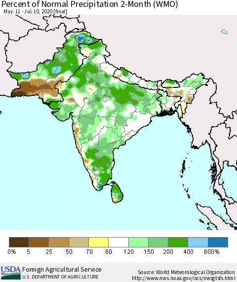 Southern Asia Percent of Normal Precipitation 2-Month (WMO) Thematic Map For 5/11/2020 - 7/10/2020