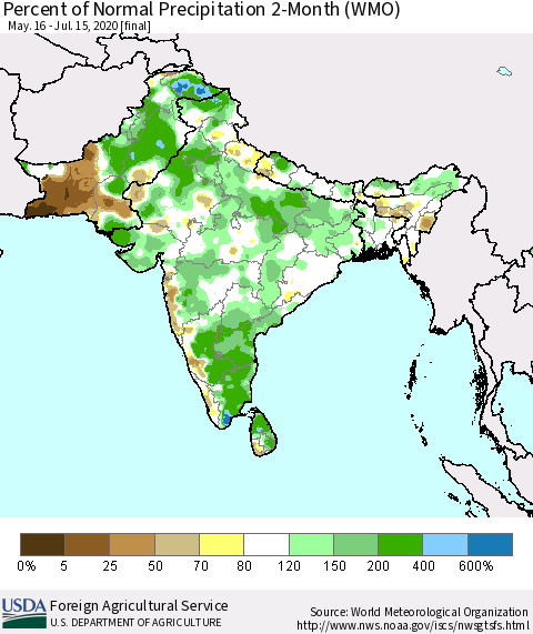 Southern Asia Percent of Normal Precipitation 2-Month (WMO) Thematic Map For 5/16/2020 - 7/15/2020