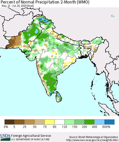 Southern Asia Percent of Normal Precipitation 2-Month (WMO) Thematic Map For 5/21/2020 - 7/20/2020