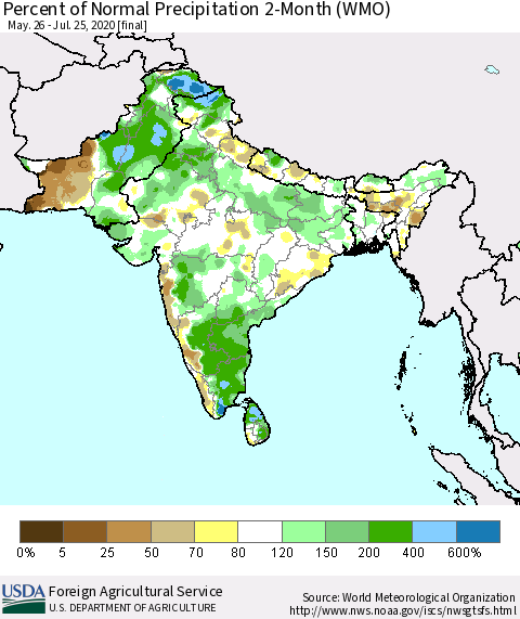 Southern Asia Percent of Normal Precipitation 2-Month (WMO) Thematic Map For 5/26/2020 - 7/25/2020