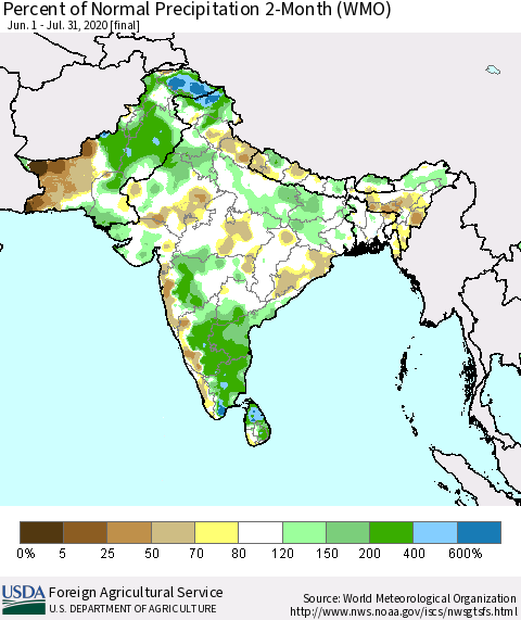 Southern Asia Percent of Normal Precipitation 2-Month (WMO) Thematic Map For 6/1/2020 - 7/31/2020