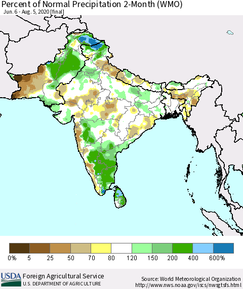 Southern Asia Percent of Normal Precipitation 2-Month (WMO) Thematic Map For 6/6/2020 - 8/5/2020