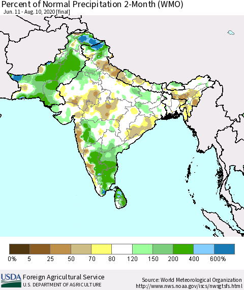 Southern Asia Percent of Normal Precipitation 2-Month (WMO) Thematic Map For 6/11/2020 - 8/10/2020