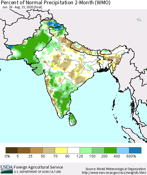 Southern Asia Percent of Normal Precipitation 2-Month (WMO) Thematic Map For 6/26/2020 - 8/25/2020