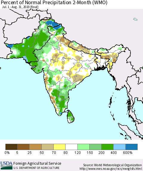 Southern Asia Percent of Normal Precipitation 2-Month (WMO) Thematic Map For 7/1/2020 - 8/31/2020