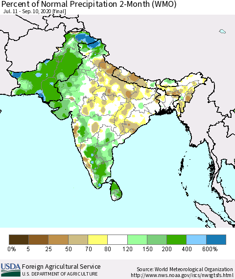 Southern Asia Percent of Normal Precipitation 2-Month (WMO) Thematic Map For 7/11/2020 - 9/10/2020