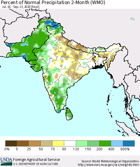 Southern Asia Percent of Normal Precipitation 2-Month (WMO) Thematic Map For 7/16/2020 - 9/15/2020