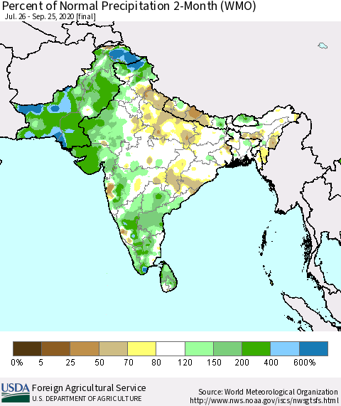Southern Asia Percent of Normal Precipitation 2-Month (WMO) Thematic Map For 7/26/2020 - 9/25/2020