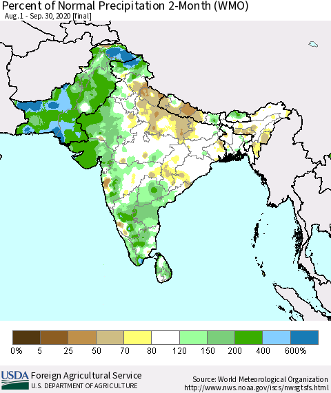 Southern Asia Percent of Normal Precipitation 2-Month (WMO) Thematic Map For 8/1/2020 - 9/30/2020