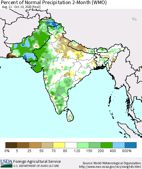 Southern Asia Percent of Normal Precipitation 2-Month (WMO) Thematic Map For 8/11/2020 - 10/10/2020