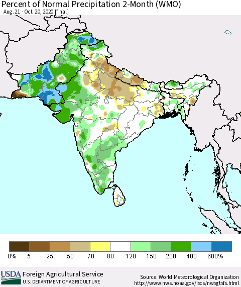 Southern Asia Percent of Normal Precipitation 2-Month (WMO) Thematic Map For 8/21/2020 - 10/20/2020