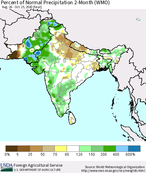 Southern Asia Percent of Normal Precipitation 2-Month (WMO) Thematic Map For 8/26/2020 - 10/25/2020