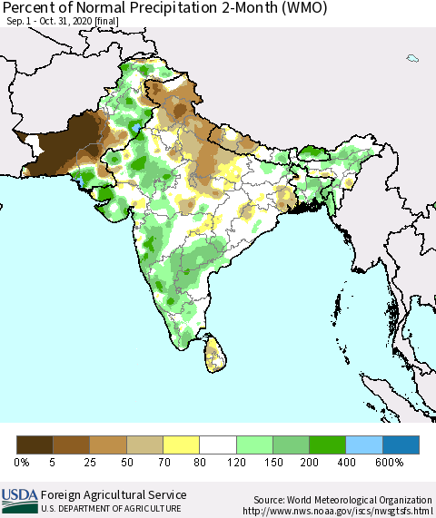 Southern Asia Percent of Normal Precipitation 2-Month (WMO) Thematic Map For 9/1/2020 - 10/31/2020