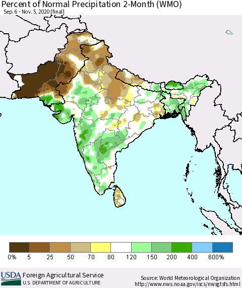 Southern Asia Percent of Normal Precipitation 2-Month (WMO) Thematic Map For 9/6/2020 - 11/5/2020
