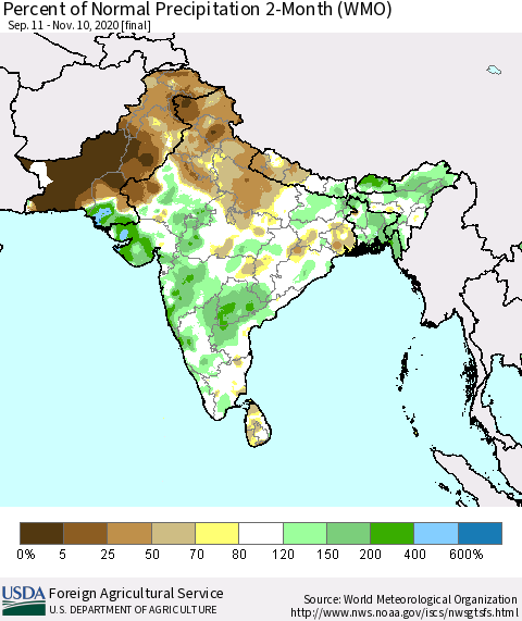 Southern Asia Percent of Normal Precipitation 2-Month (WMO) Thematic Map For 9/11/2020 - 11/10/2020