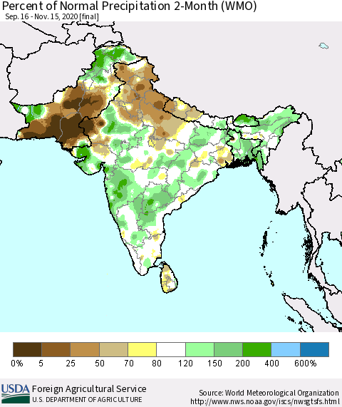 Southern Asia Percent of Normal Precipitation 2-Month (WMO) Thematic Map For 9/16/2020 - 11/15/2020