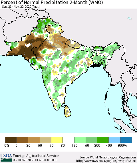 Southern Asia Percent of Normal Precipitation 2-Month (WMO) Thematic Map For 9/21/2020 - 11/20/2020