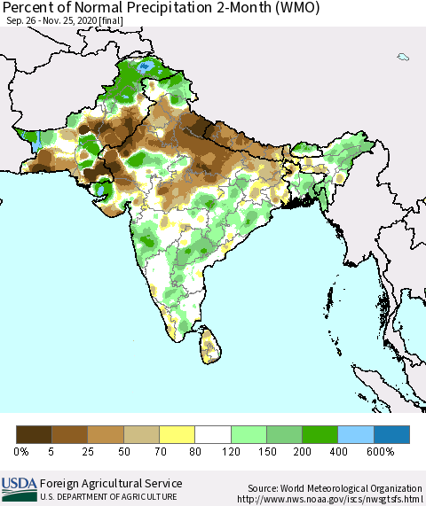 Southern Asia Percent of Normal Precipitation 2-Month (WMO) Thematic Map For 9/26/2020 - 11/25/2020