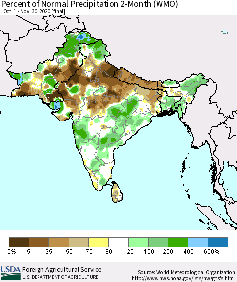Southern Asia Percent of Normal Precipitation 2-Month (WMO) Thematic Map For 10/1/2020 - 11/30/2020