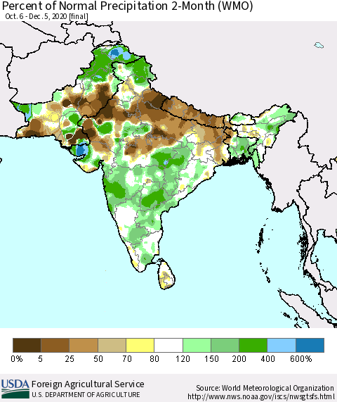 Southern Asia Percent of Normal Precipitation 2-Month (WMO) Thematic Map For 10/6/2020 - 12/5/2020