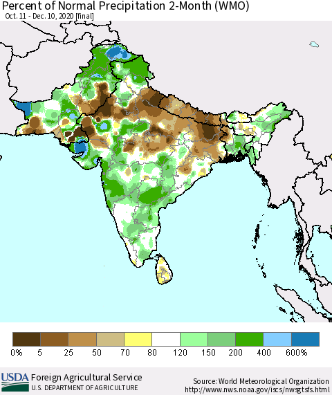 Southern Asia Percent of Normal Precipitation 2-Month (WMO) Thematic Map For 10/11/2020 - 12/10/2020